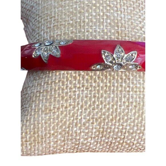 Vintage Gold Tone Red Enamel Clamper Bracelet Flowers Clear Rhinestones Estate - Picture 2 of 4